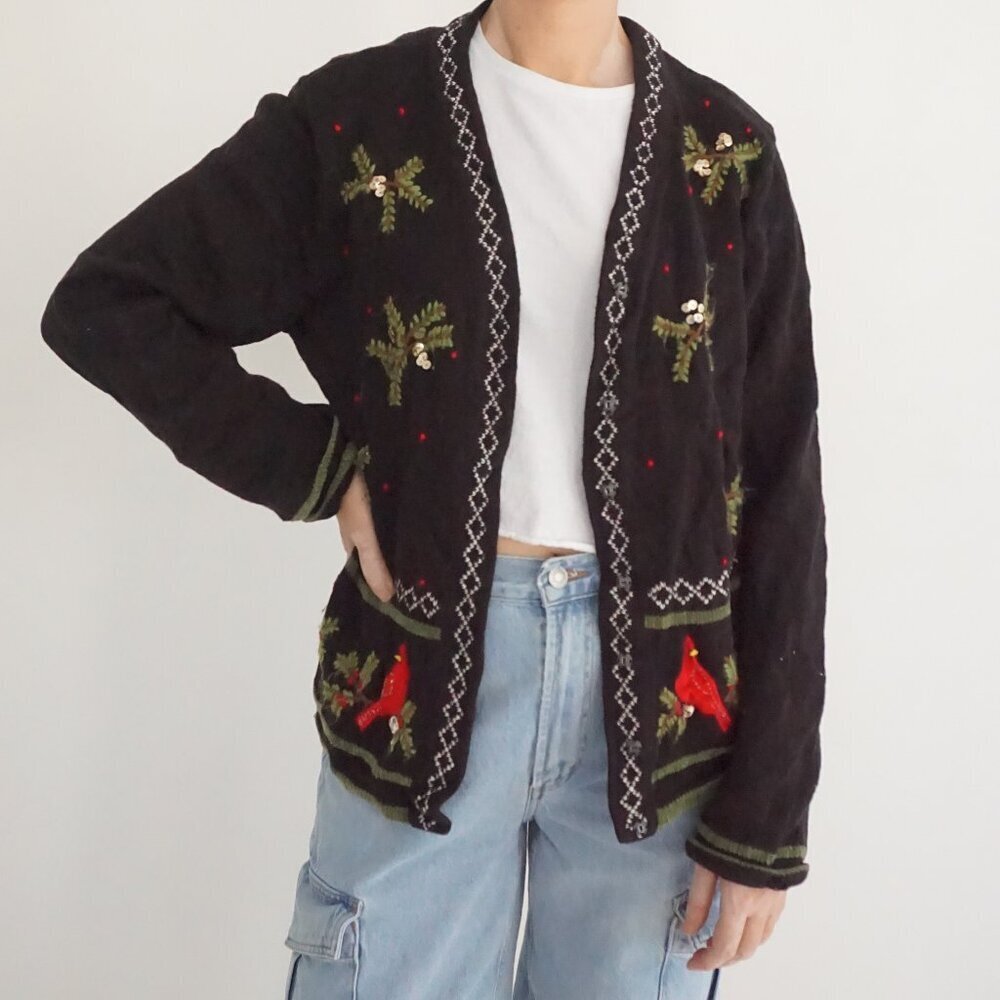 Vintage Reference Point Black Cardinal Bird Holiday Nature Button Cardigan L